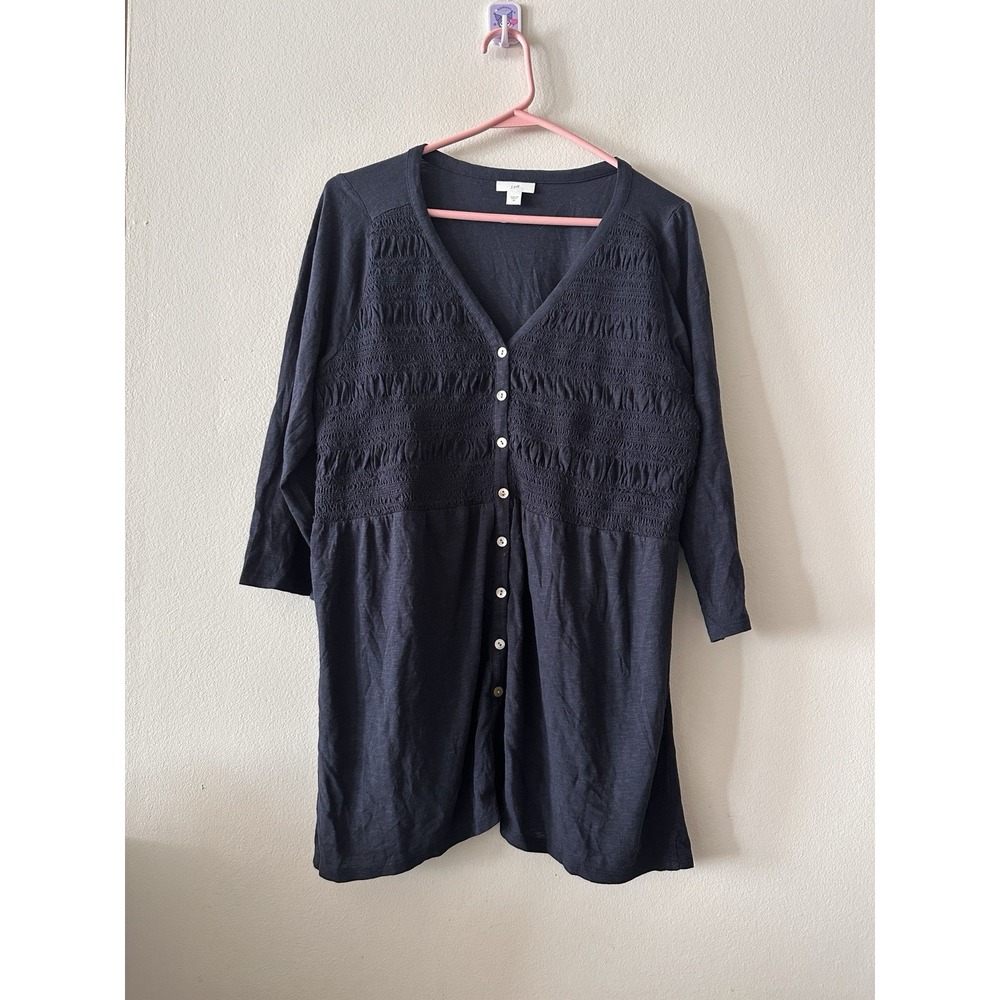 J. Jill Navy Blue M Button-Up Tunic Textured 3/4 Sleeve Cotton Modal Elastic